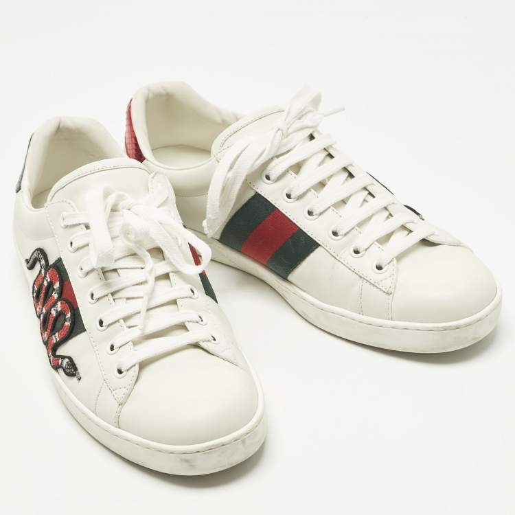 Pre Owned Gucci Ace Size 42.5 White Leather Web Snake Embroidered Lace Up Sneakers