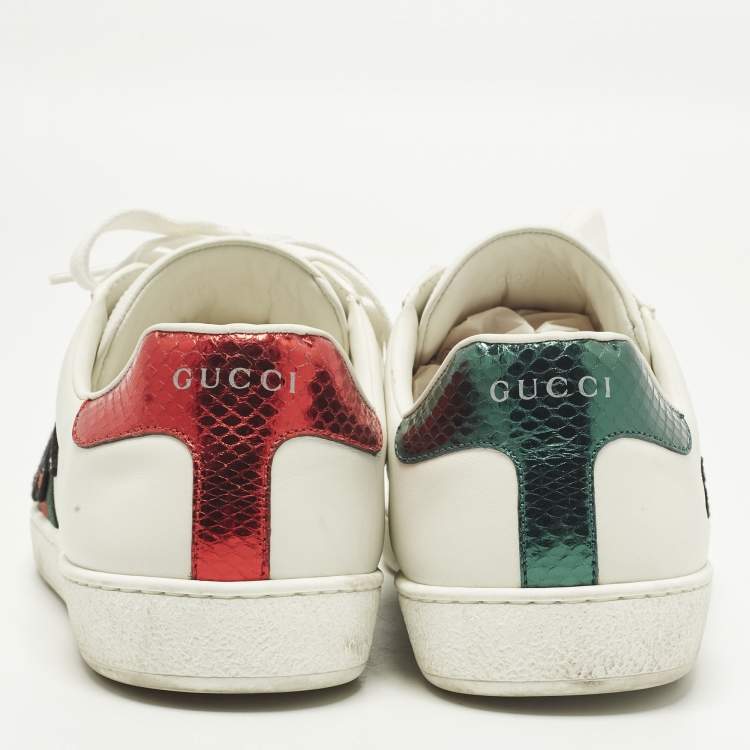 Pre Owned Gucci Ace Size 42.5 White Leather Web Snake Embroidered Lace Up Sneakers