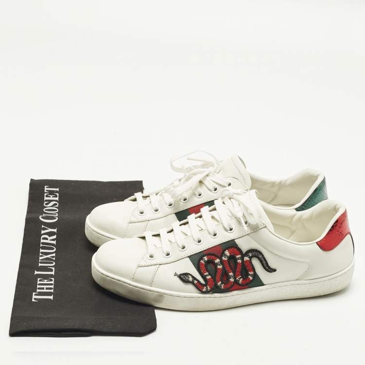 Pre Owned Gucci Ace Size 42.5 White Leather Web Snake Embroidered Lace Up Sneakers
