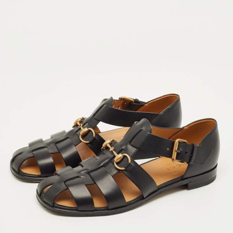Pre Owned Gucci Horsebit Size 40.5 Black Leather Flat Sandals