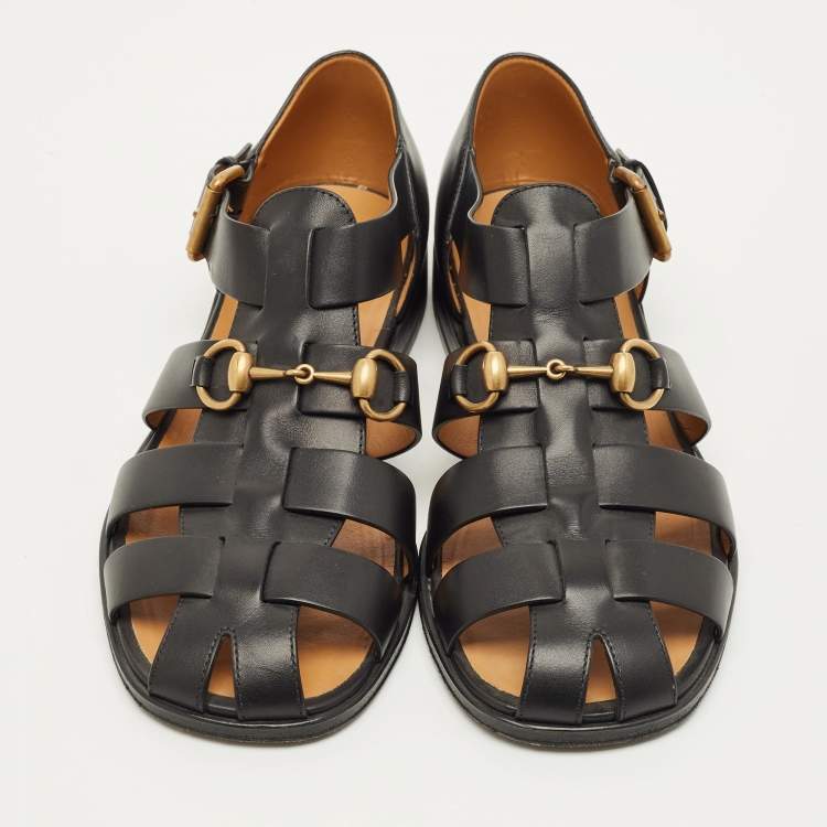 Pre Owned Gucci Horsebit Size 40.5 Black Leather Flat Sandals