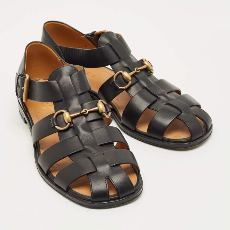 Pre Owned Gucci Horsebit Size 40.5 Black Leather Flat Sandals