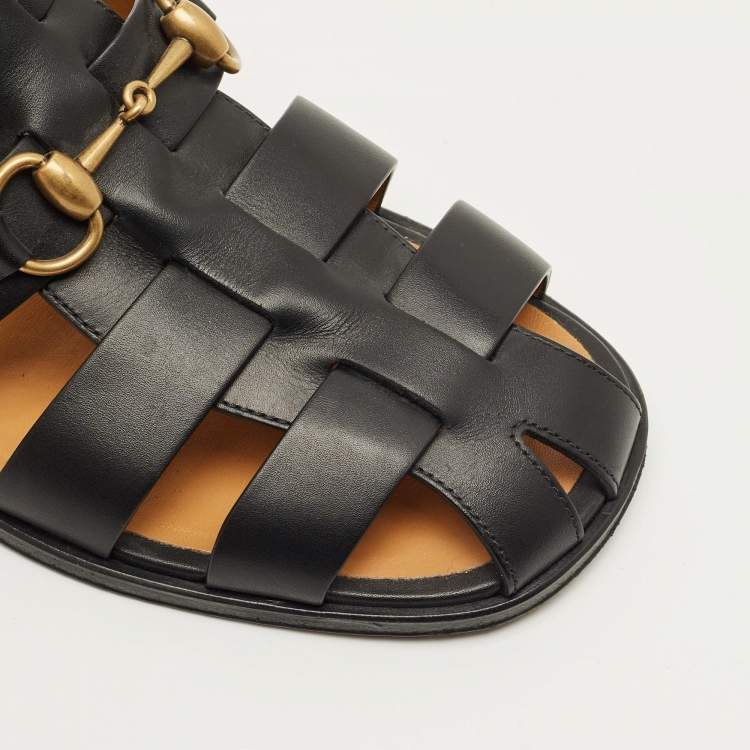 Pre Owned Gucci Horsebit Size 40.5 Black Leather Flat Sandals