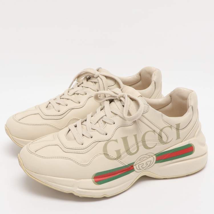 Pre Owned Gucci Rhyton Size 41 Beige Leather Gucci Logo Print Low Top Sneakers