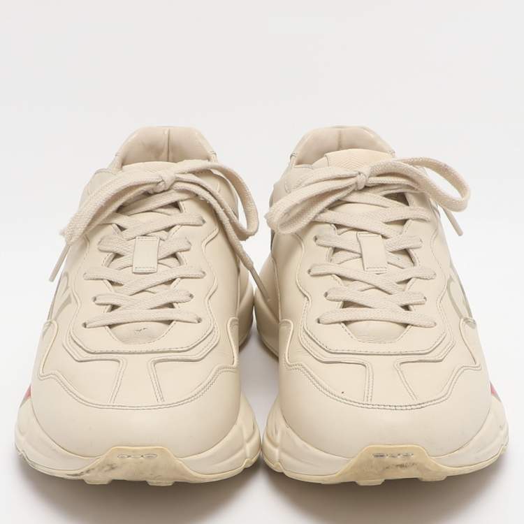 Pre Owned Gucci Rhyton Size 41 Beige Leather Gucci Logo Print Low Top Sneakers