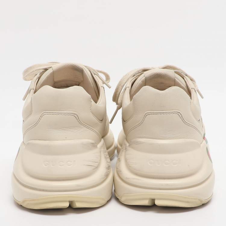 Pre Owned Gucci Rhyton Size 41 Beige Leather Gucci Logo Print Low Top Sneakers