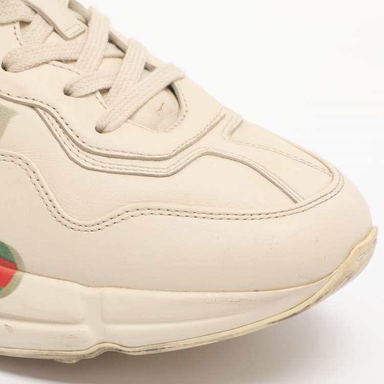 Pre Owned Gucci Rhyton Size 41 Beige Leather Gucci Logo Print Low Top Sneakers