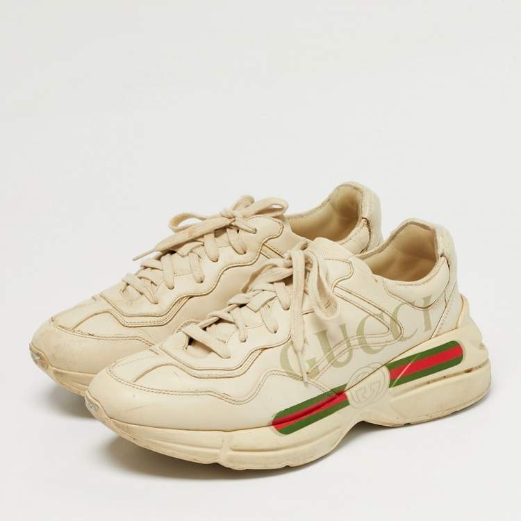 Pre Owned Gucci Rhyton Size 42 Cream Leather Lace Up Sneakers