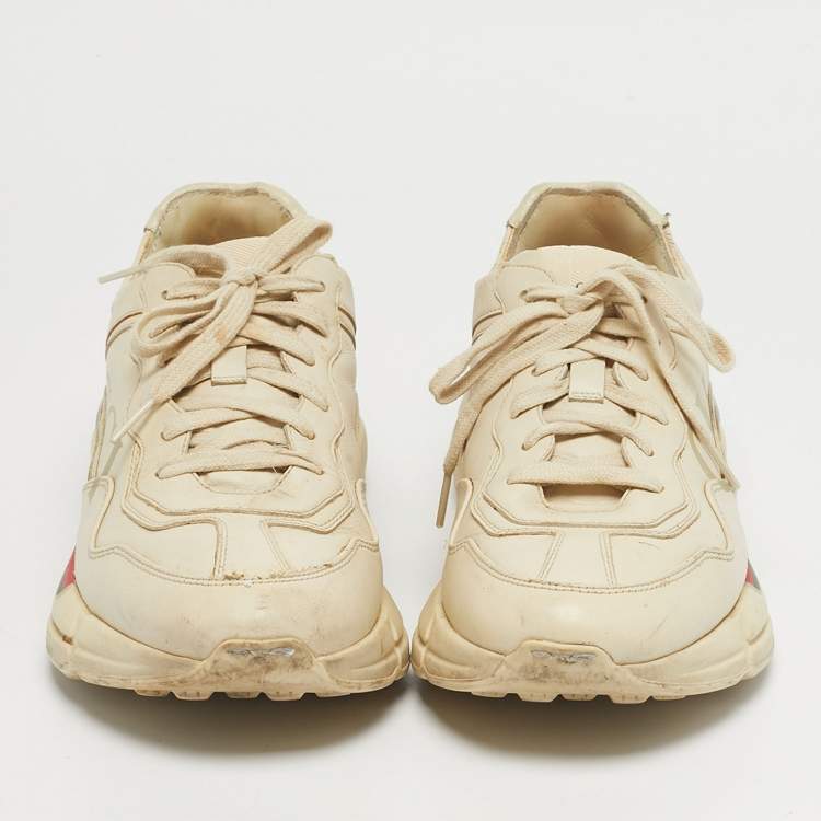Pre Owned Gucci Rhyton Size 42 Cream Leather Lace Up Sneakers