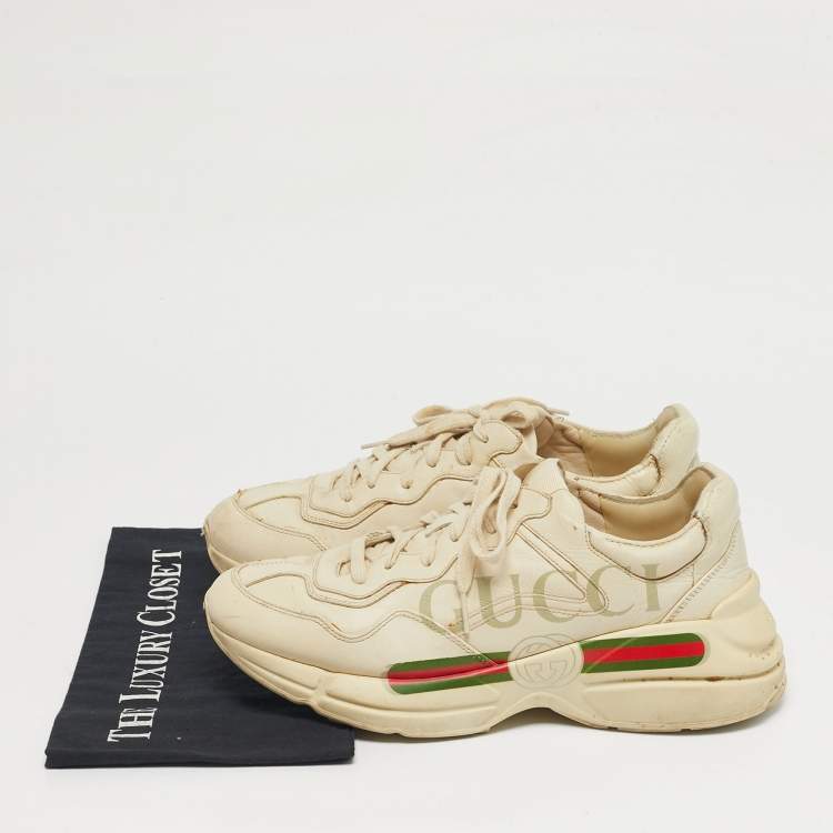Pre Owned Gucci Rhyton Size 42 Cream Leather Lace Up Sneakers