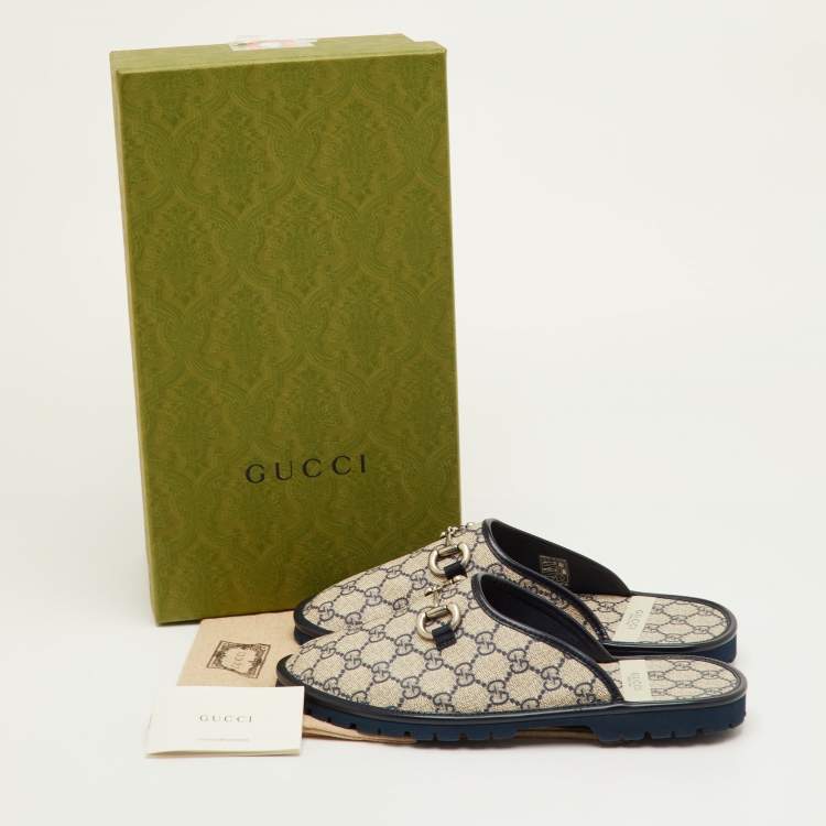 Pre Owned Gucci Horsebit Size 41.5 Beige/Navy Blue GG Supreme Canvas and Leather Slipper Mules
