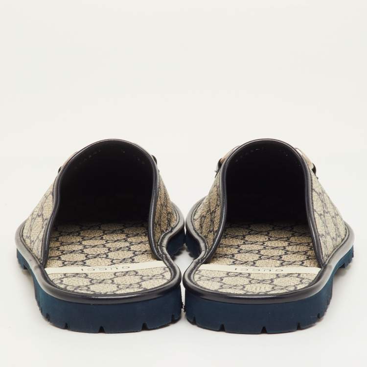 Pre Owned Gucci Horsebit Size 41.5 Beige/Navy Blue GG Supreme Canvas and Leather Slipper Mules