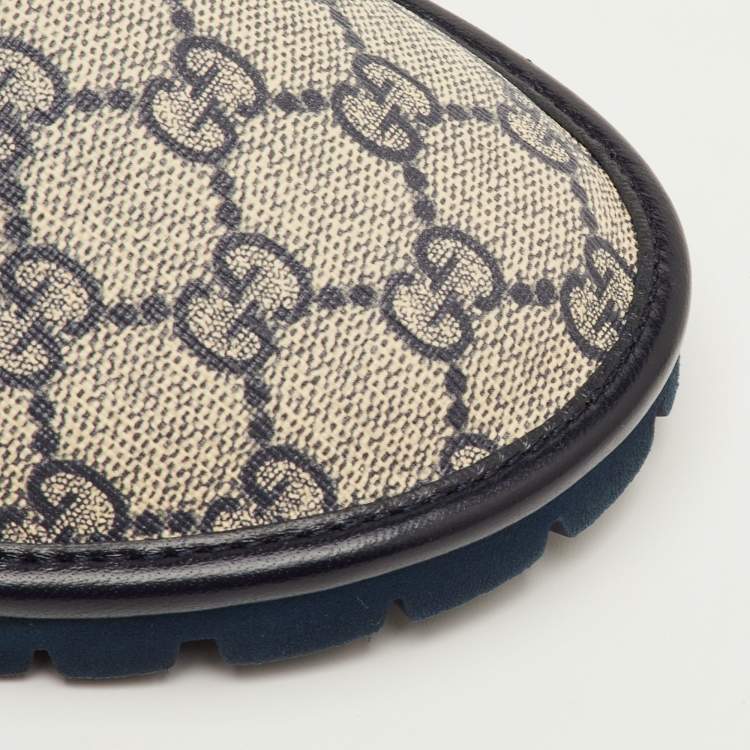 Pre Owned Gucci Horsebit Size 41.5 Beige/Navy Blue GG Supreme Canvas and Leather Slipper Mules