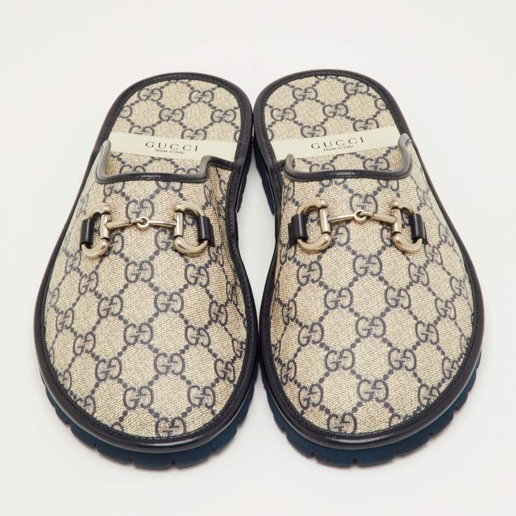 Pre Owned Gucci Horsebit Size 41.5 Beige/Navy Blue GG Supreme Canvas and Leather Slipper Mules