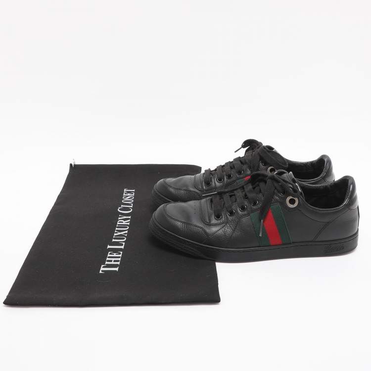 Pre Owned Gucci Ace Web Stripe Size 41.5 Black Leather Low Top Sneakers