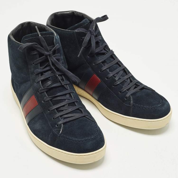 مملوكة مسبقًا Gucci Web Size 44 Navy Blue Suede High Top Sneakers