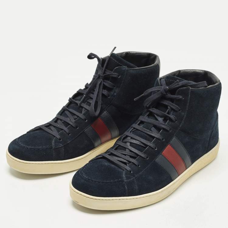 مملوكة مسبقًا Gucci Web Size 44 Navy Blue Suede High Top Sneakers