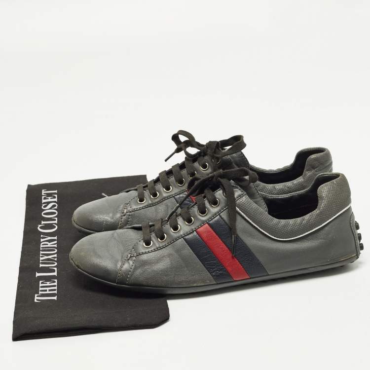 Pre Owned Gucci GG Web Size 43 Grey Leather Driver Low Top Sneakers