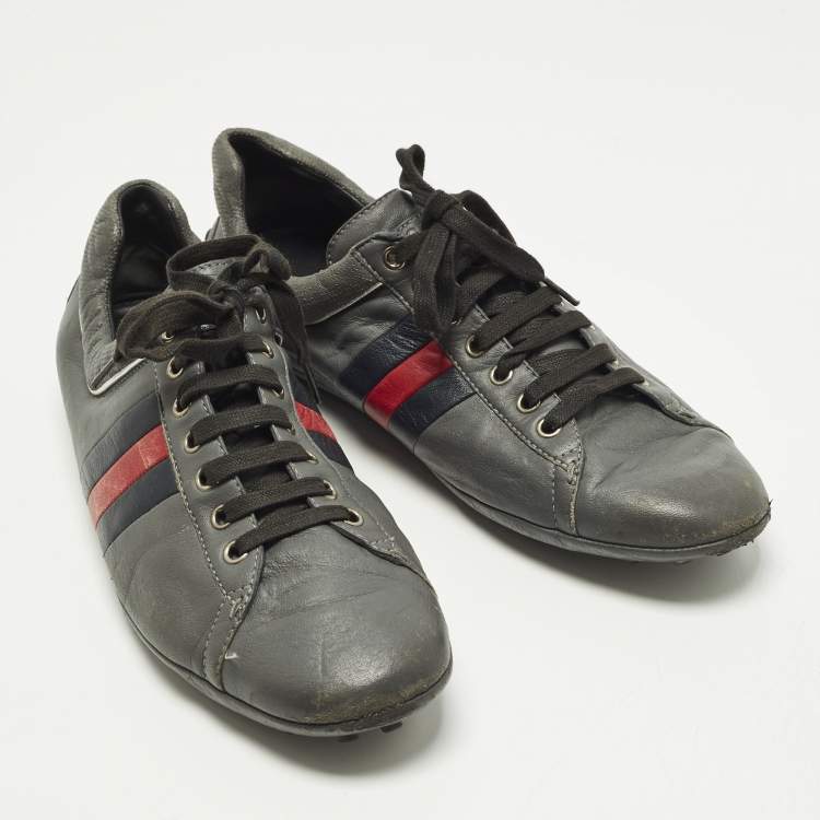 Pre Owned Gucci GG Web Size 43 Grey Leather Driver Low Top Sneakers