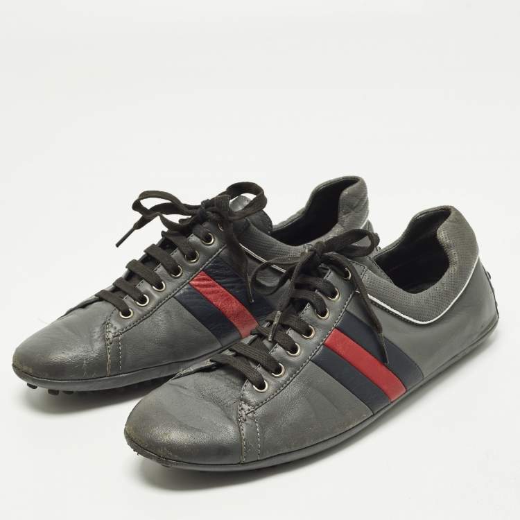 Pre Owned Gucci GG Web Size 43 Grey Leather Driver Low Top Sneakers