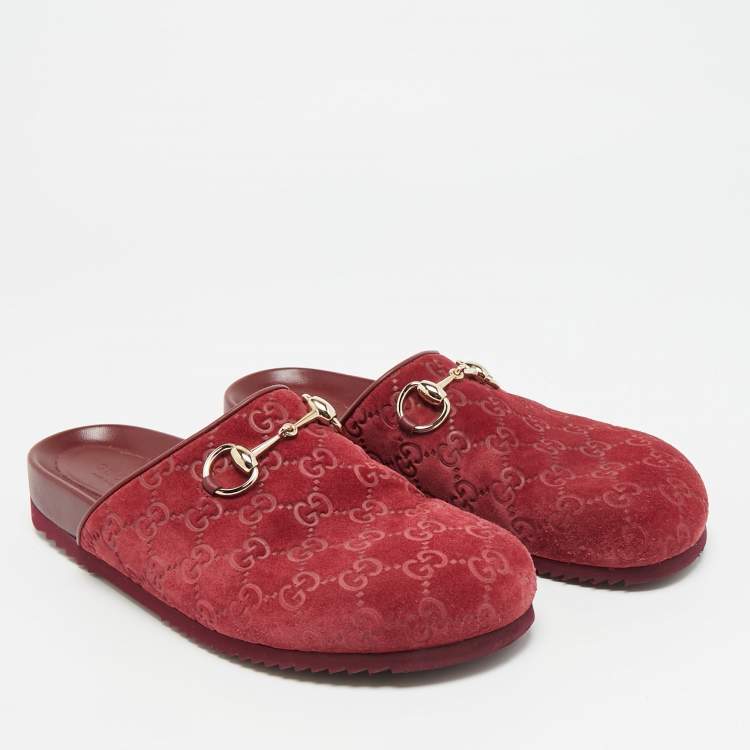 Pre Owned Gucci Horsebit Size 39 Burgundy GG Suede Flat Mules