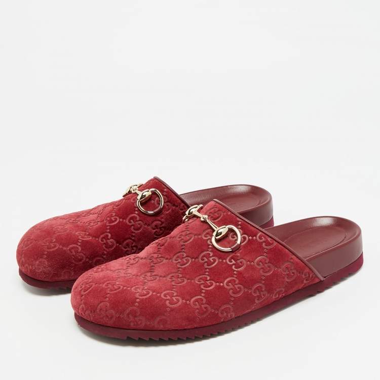 Pre Owned Gucci Horsebit Size 39 Burgundy GG Suede Flat Mules