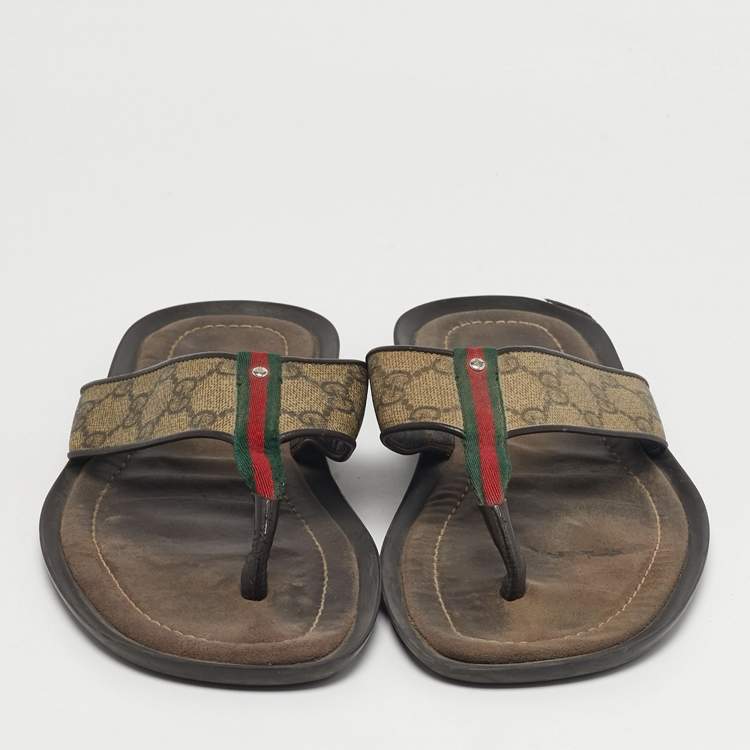 Pre Owned Gucci Size 44 Brown GG Canvas and Leather Thong Sandals