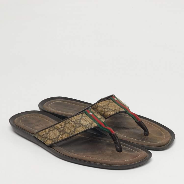 Pre Owned Gucci Size 44 Brown GG Canvas and Leather Thong Sandals