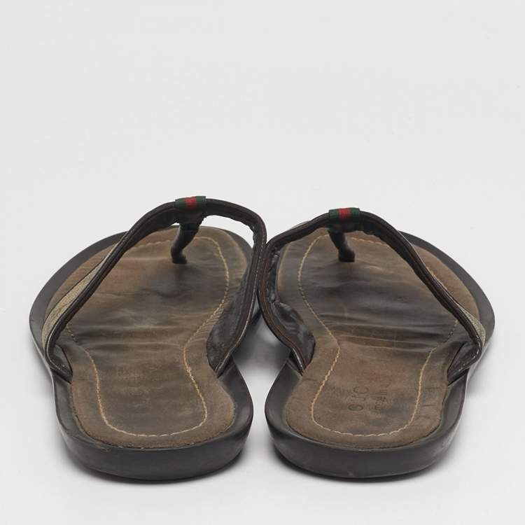 Pre Owned Gucci Size 44 Brown GG Canvas and Leather Thong Sandals