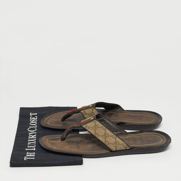 Pre Owned Gucci Size 44 Brown GG Canvas and Leather Thong Sandals