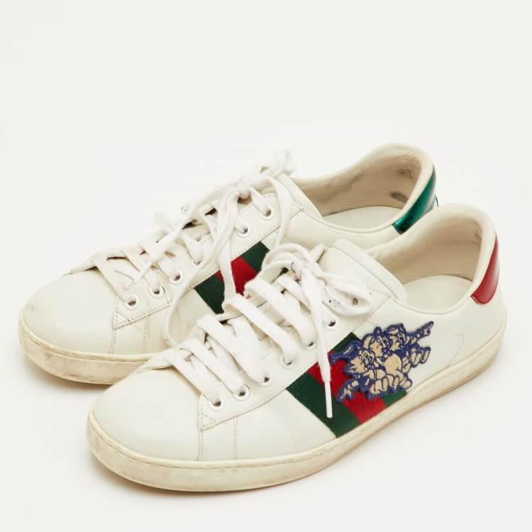 Pre Owned Gucci Ace Size 41 White Leather Disney 3 Little Pigs Embroidered Low Top Sneakers