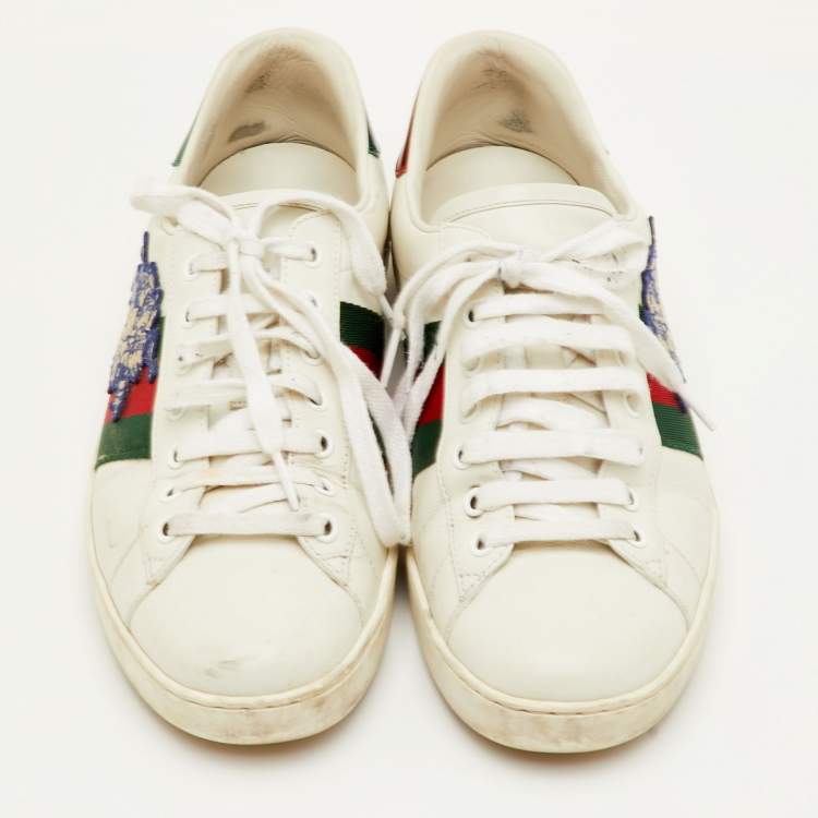 Pre Owned Gucci Ace Size 41 White Leather Disney 3 Little Pigs Embroidered Low Top Sneakers