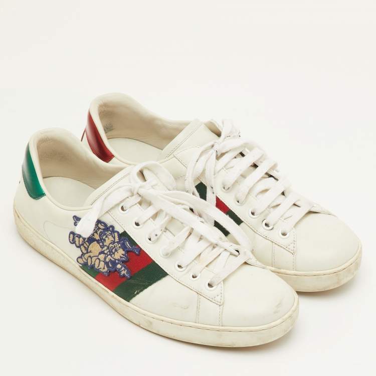 Pre Owned Gucci Ace Size 41 White Leather Disney 3 Little Pigs Embroidered Low Top Sneakers