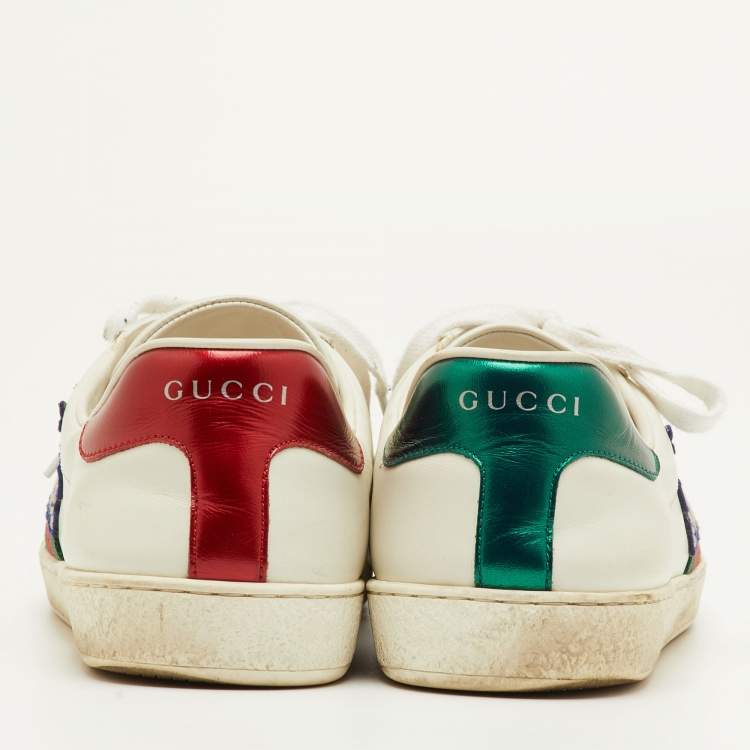 Pre Owned Gucci Ace Size 41 White Leather Disney 3 Little Pigs Embroidered Low Top Sneakers
