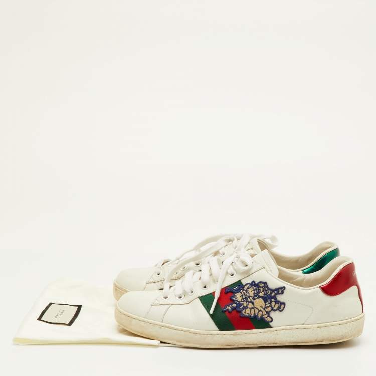 Pre Owned Gucci Ace Size 41 White Leather Disney 3 Little Pigs Embroidered Low Top Sneakers