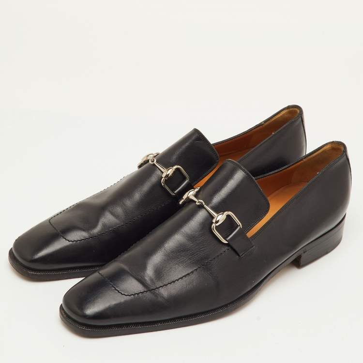 Pre Owned Gucci Betis Glamour Size 44 Black Leather Horsebit Slip On Loafers