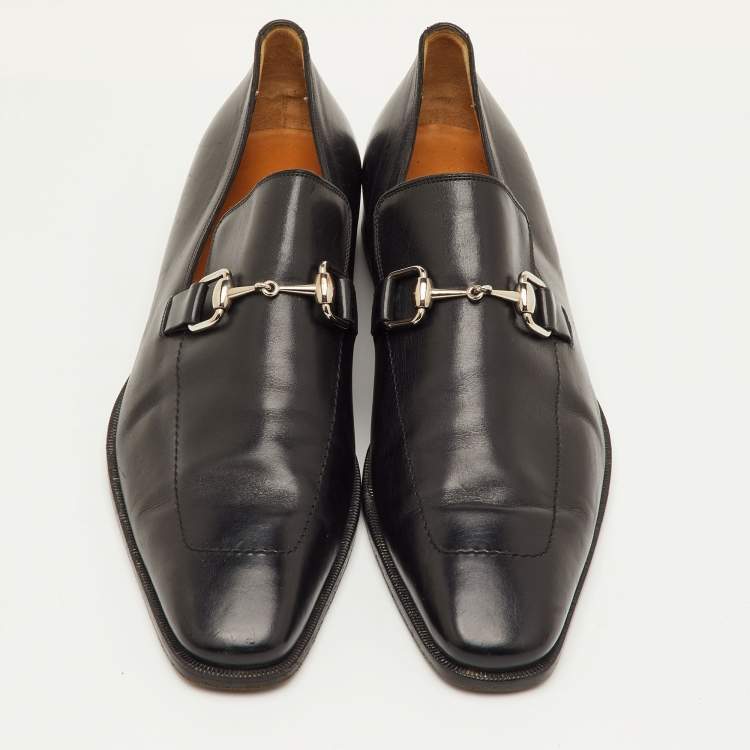 Pre Owned Gucci Betis Glamour Size 44 Black Leather Horsebit Slip On Loafers