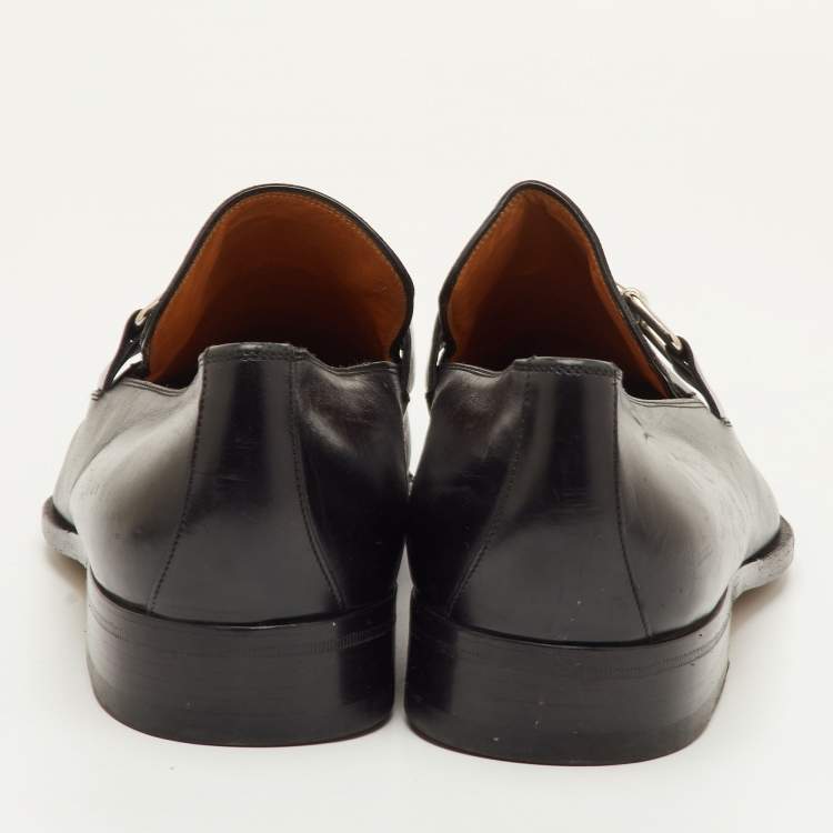 Pre Owned Gucci Betis Glamour Size 44 Black Leather Horsebit Slip On Loafers