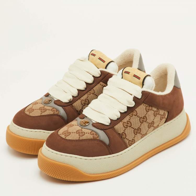 Pre Owned Gucci Screener Size 41.5 Brown GG Canvas and Nubuck Leather Lace Up Sneakers