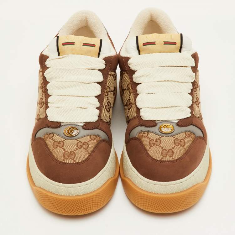 Pre Owned Gucci Screener Size 41.5 Brown GG Canvas and Nubuck Leather Lace Up Sneakers