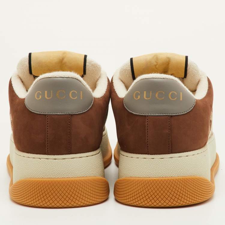 Pre Owned Gucci Screener Size 41.5 Brown GG Canvas and Nubuck Leather Lace Up Sneakers