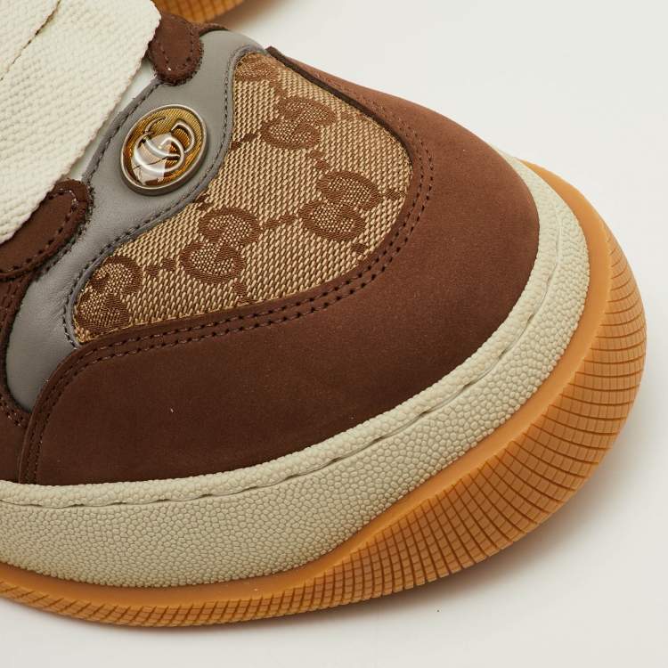 Pre Owned Gucci Screener Size 41.5 Brown GG Canvas and Nubuck Leather Lace Up Sneakers