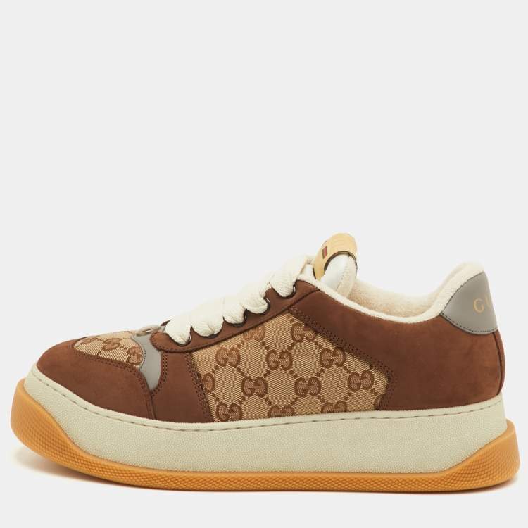 Pre Owned Gucci Screener Size 41.5 Brown GG Canvas and Nubuck Leather Lace Up Sneakers