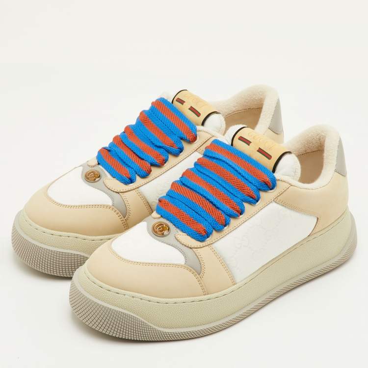 Pre Owned Gucci Screener Size 41.5 Cream/White Canvas and Nubuck Leather Low Top Sneakers