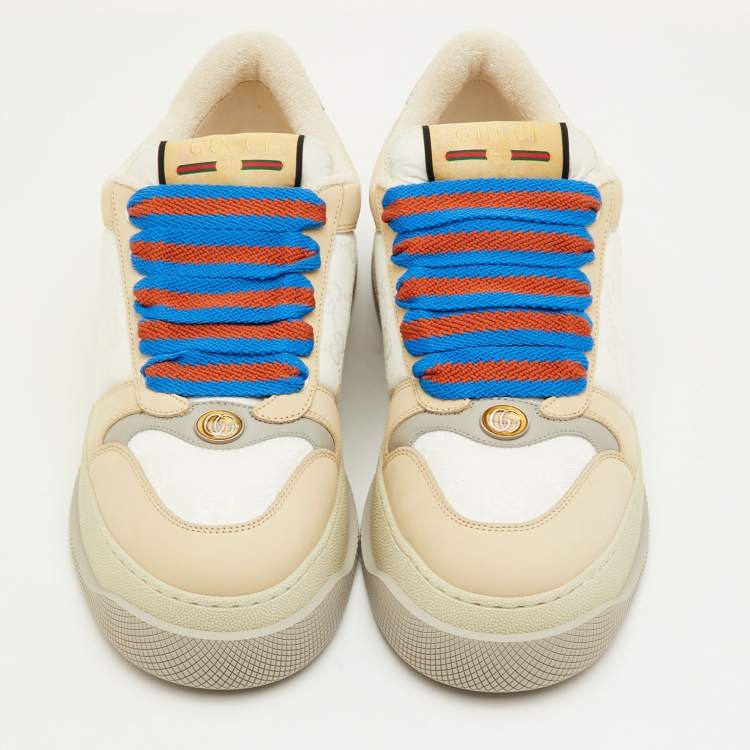 Pre Owned Gucci Screener Size 41.5 Cream/White Canvas and Nubuck Leather Low Top Sneakers