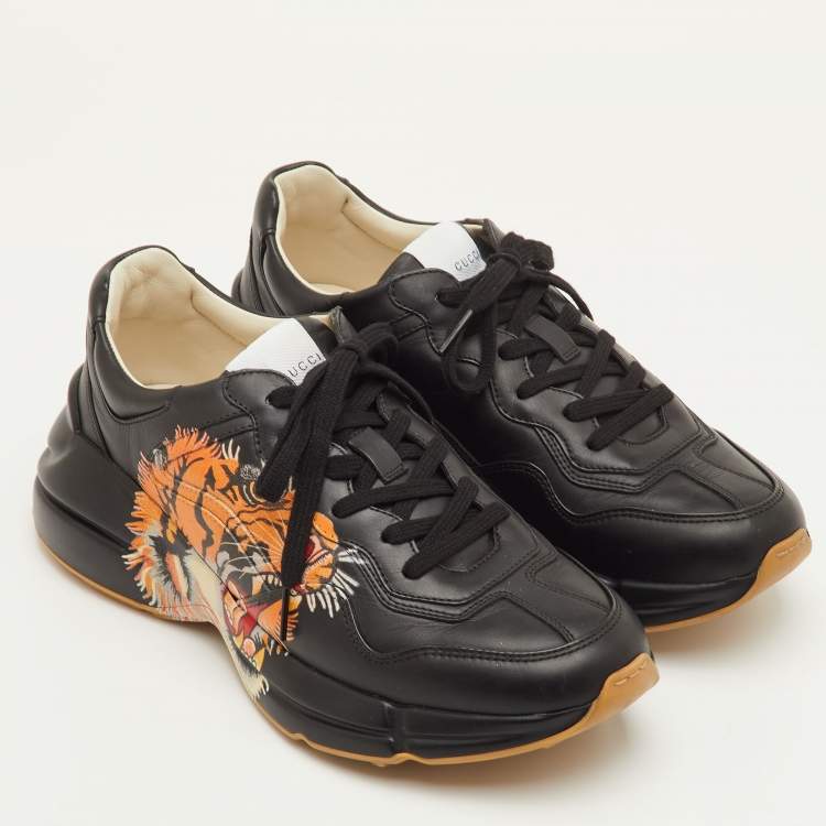 Pre Owned Gucci Rhyton Size 41 Black Leather Low Top Sneakers