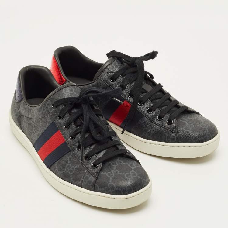 Pre Owned Gucci Ace Size 42 Grey GG Canvas and Python Embossed Supreme Web Lace Up Sneakers