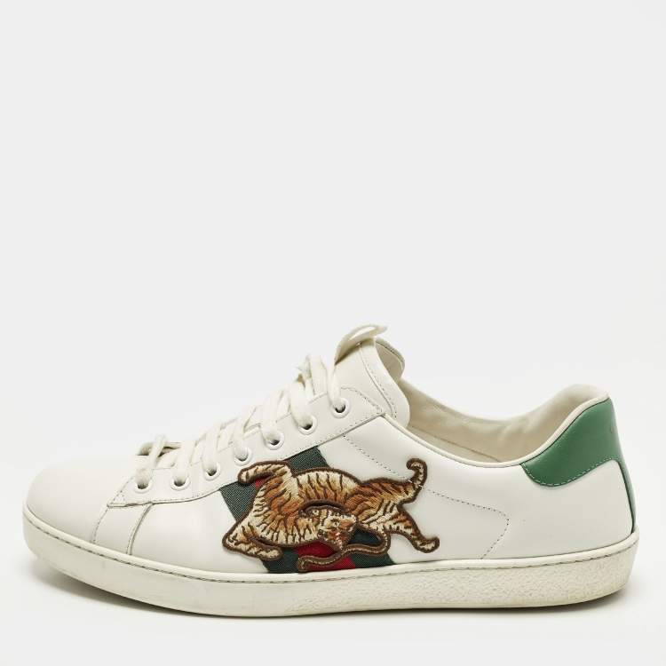 Pre Owned Gucci Ace Size 43 White Leather Web Tiger Embroidered Lace Up Sneakers