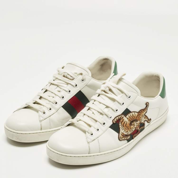 Pre Owned Gucci Ace Size 43 White Leather Web Tiger Embroidered Lace Up Sneakers