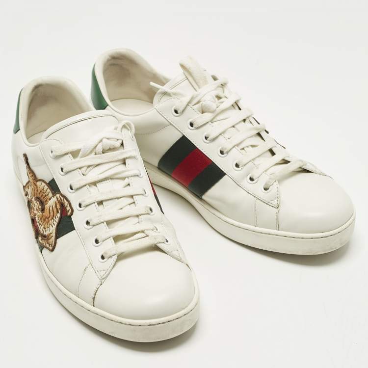 Pre Owned Gucci Ace Size 43 White Leather Web Tiger Embroidered Lace Up Sneakers